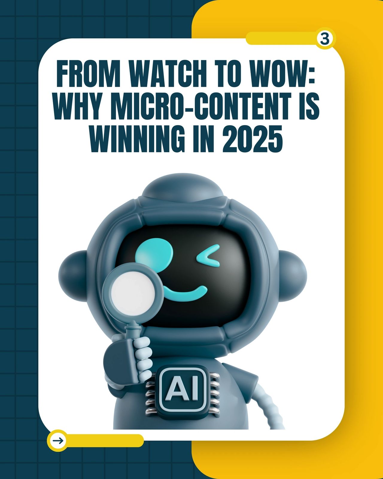 A playful AI character with a magnifying glass, spotlighting the growing influence of short-form content and micro-moments in digital marketing.