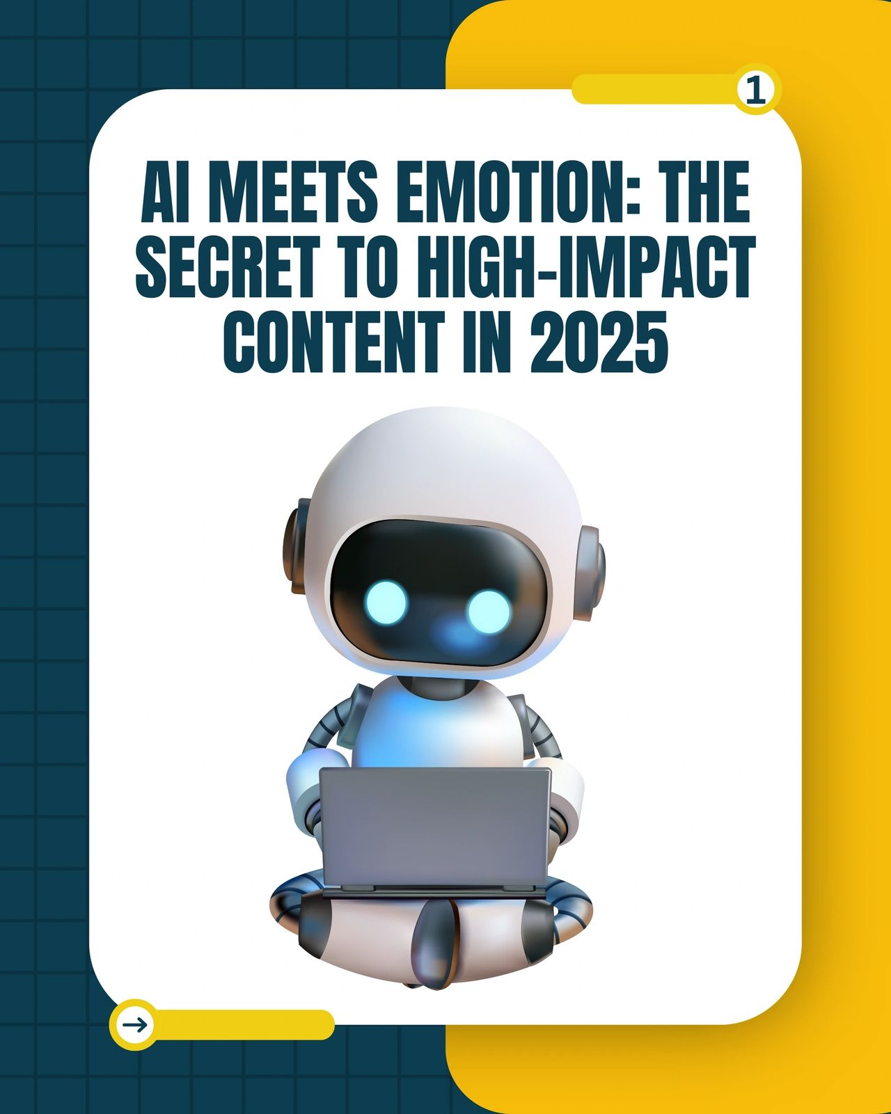 Illustration of a friendly robot using a laptop, symbolizing the fusion of artificial intelligence and emotional storytelling in future content strategies.