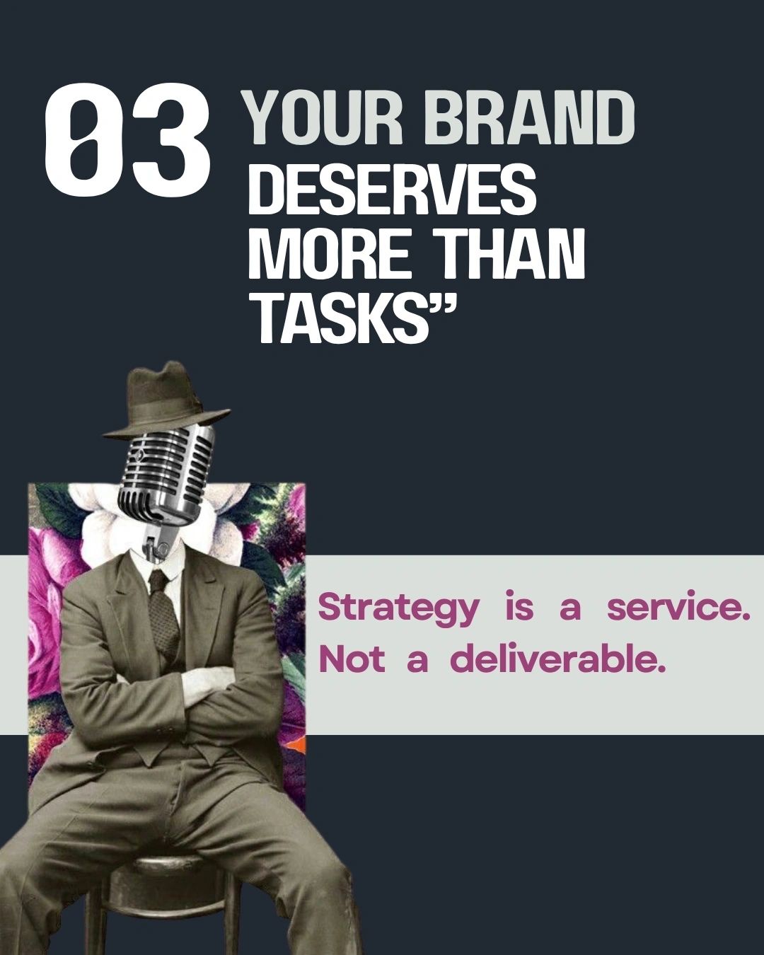 A vintage-style man in a suit with a microphone as a head, symbolizing strategic communication and holistic digital marketing growth